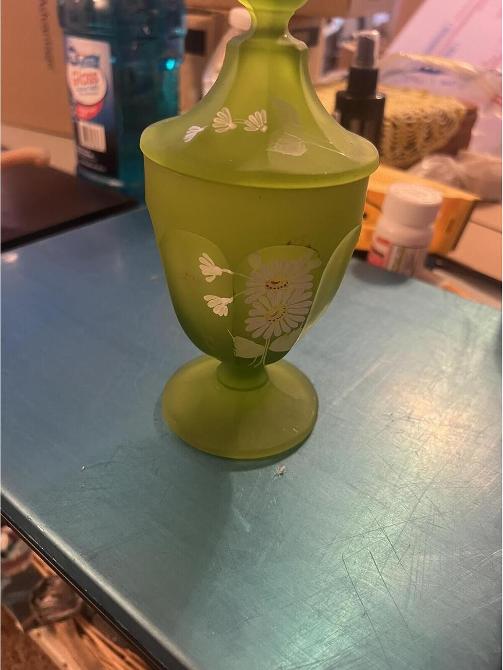 Vintage Green Frosted Glass Decorative Jar with Lid